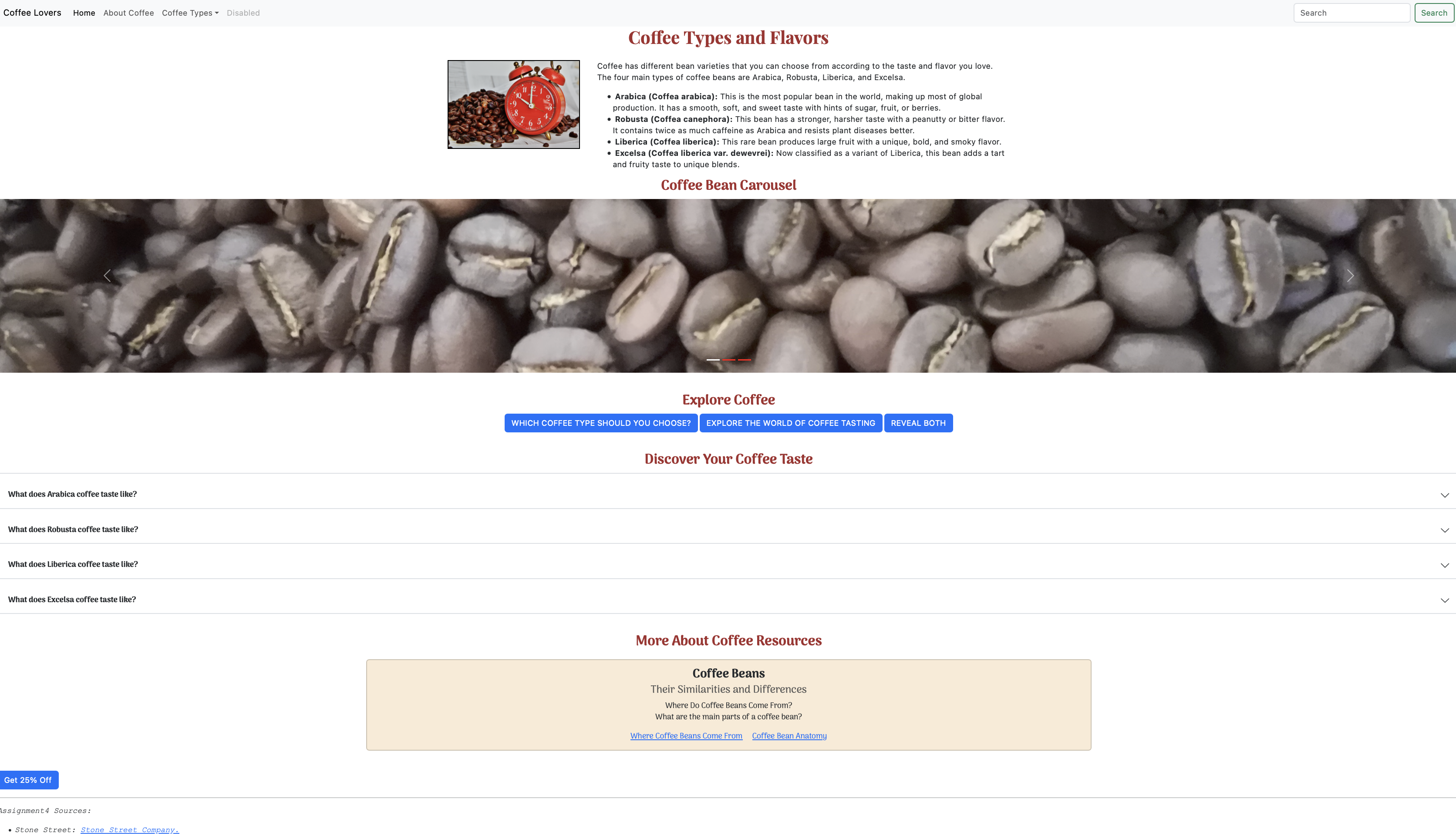 Screenshot of the Coffee Lovers website